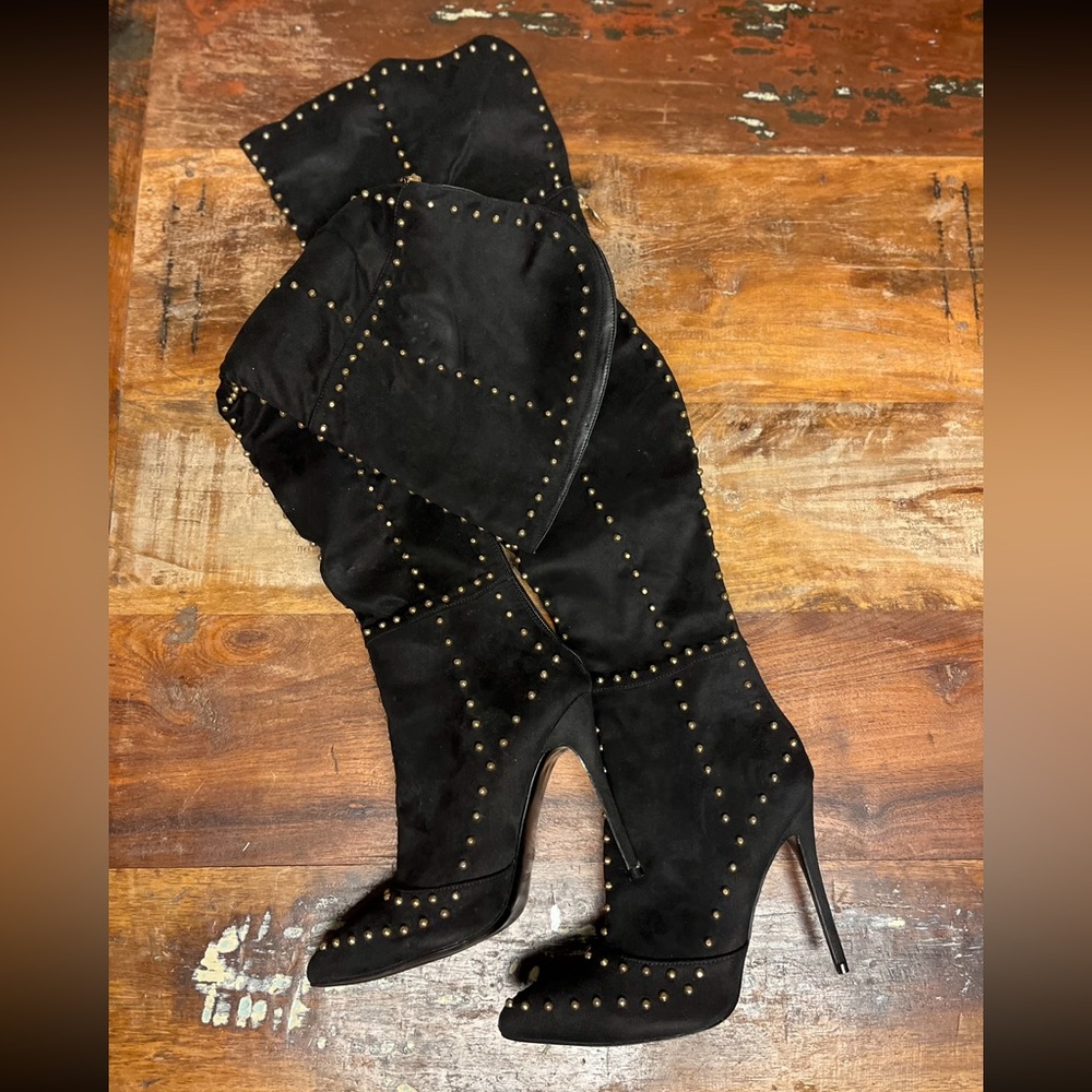 MACKINJ black suede, gold studded thigh high boots.